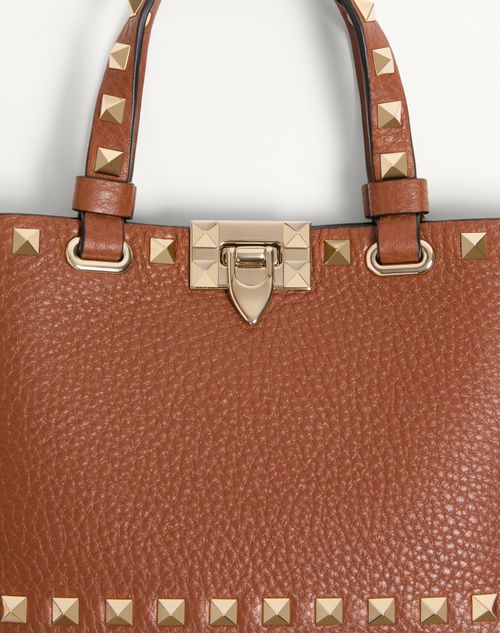 Valentino Garavani - Rockstud Mini Shopping Bag In Grainy Calfskin - Saddle Brown - Woman - Totes